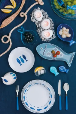 Servizio piatti, azzurro-blu, pesci, porcellana