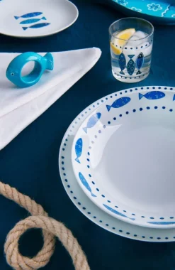 Servizio piatti, azzurro-blu, pesci, porcellana