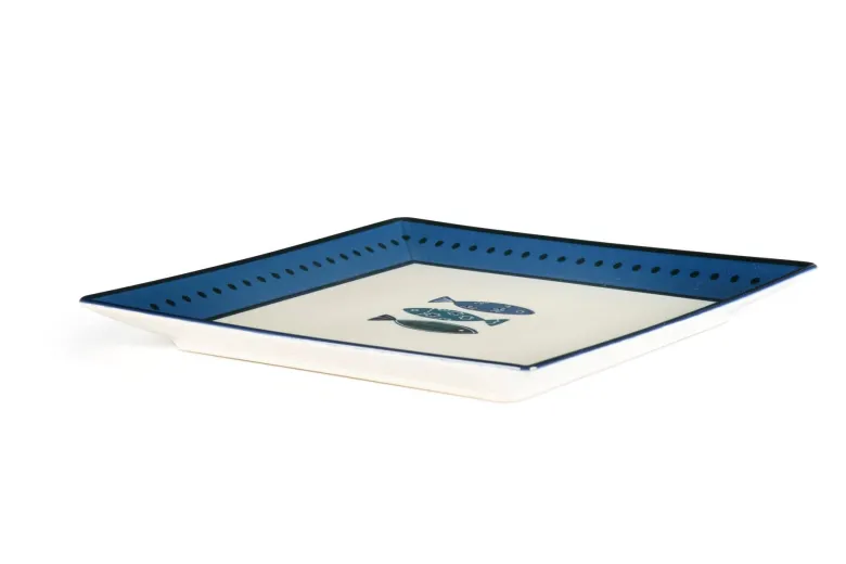Servizio piatti, azzurro-blu, pesci, ceramica, quadrati