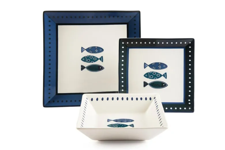 Servizio piatti, azzurro-blu, pesci, ceramica, quadrati