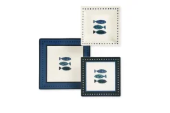 Servizio piatti, azzurro-blu, pesci, ceramica, quadrati