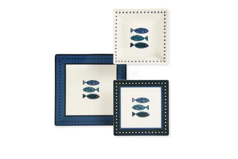 Servizio piatti, azzurro-blu, pesci, ceramica, quadrati