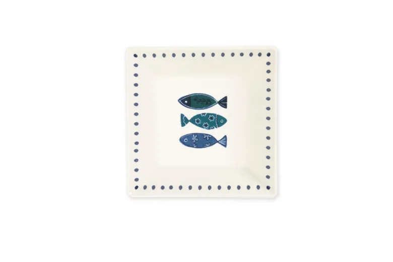 Servizio piatti, azzurro-blu, pesci, ceramica, quadrati