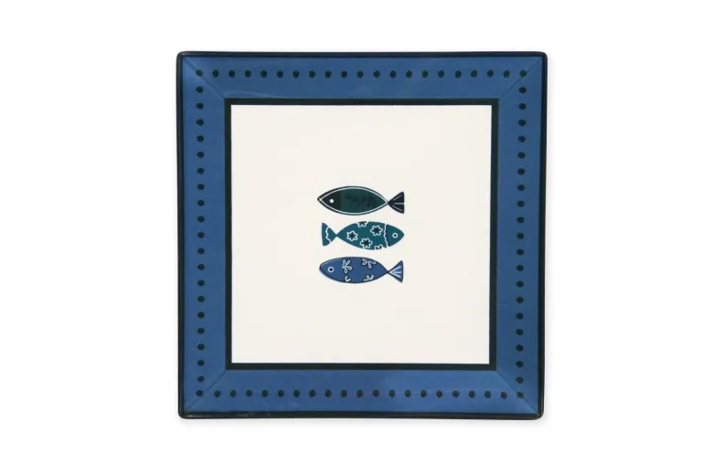 Servizio piatti, azzurro-blu, pesci, ceramica, quadrati