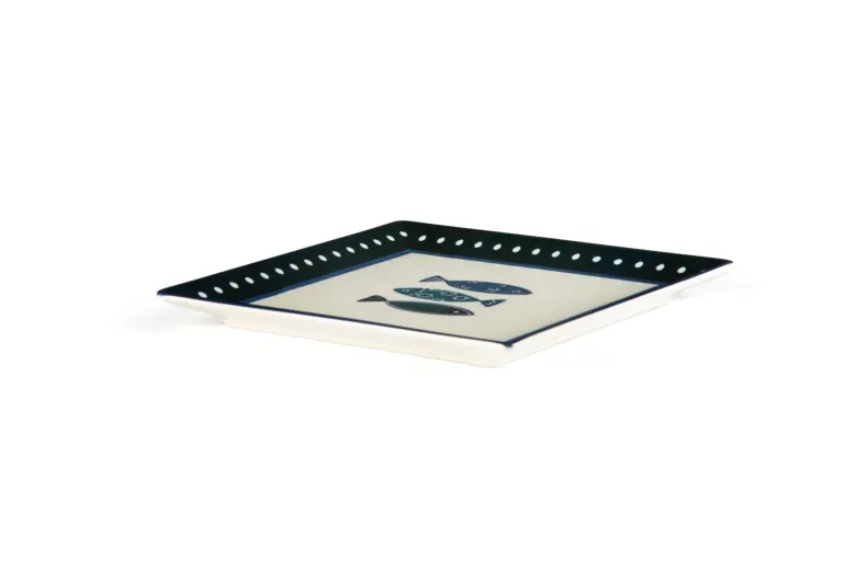 Servizio piatti, azzurro-blu, pesci, ceramica, quadrati