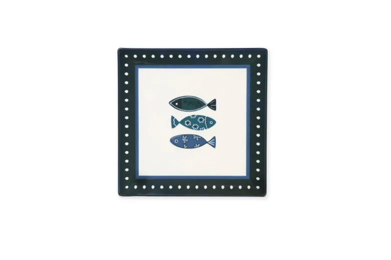 Servizio piatti, azzurro-blu, pesci, ceramica, quadrati