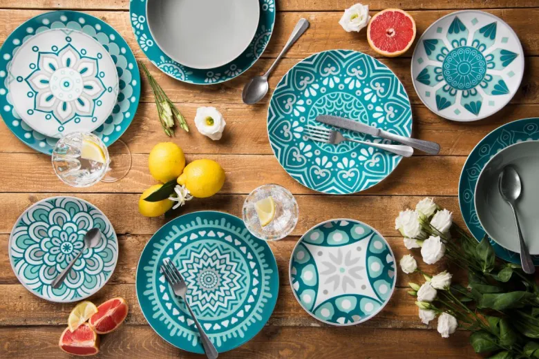 Servizio piatti, azzurro/grigio, porcellana, 18 pezzi