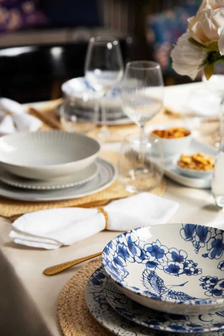 Servizio piatti, bianco/blu, ceramica, 18 pezzi