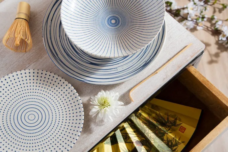 Servizio piatti, bianco/blu, ceramica, 18 pezzi
