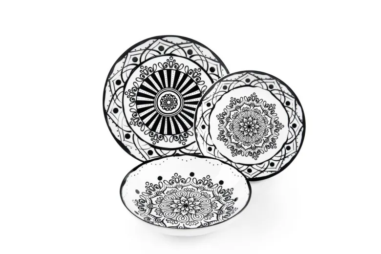 Servizio piatti, bianco/nero, porcellana/stoneware, 18 pezzi