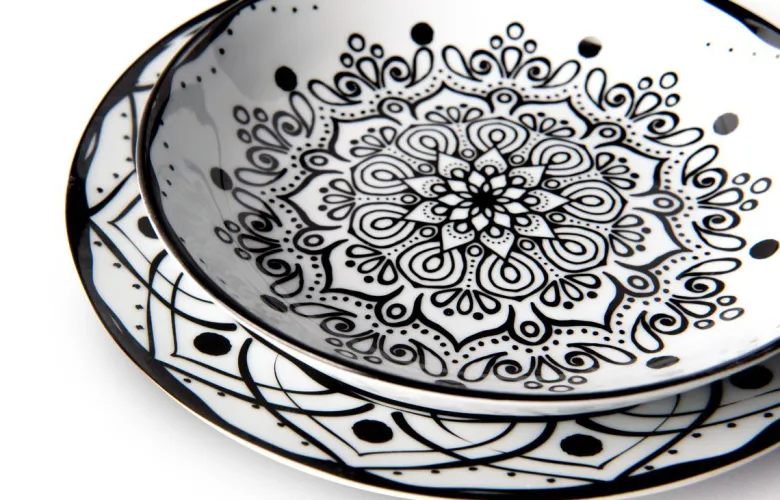 Servizio piatti, bianco/nero, porcellana/stoneware, 18 pezzi
