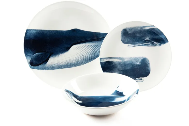 Servizio piatti, blu, cetacei, ceramica, 3 pezzi
