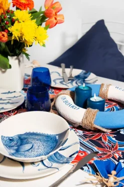 Servizio piatti, blu, pesci/polipo, ceramica, 3 pezzi