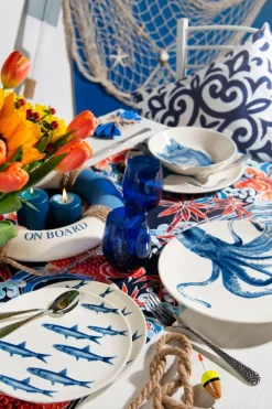 Servizio piatti, blu, pesci/polipo, ceramica, 3 pezzi