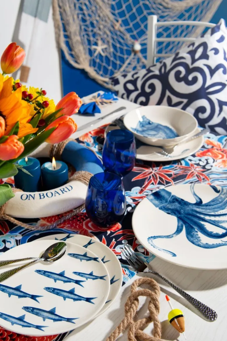 Servizio piatti, blu, pesci/polipo, ceramica, 3 pezzi