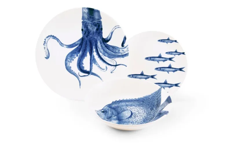 Servizio piatti, blu, pesci/polipo, ceramica, 3 pezzi