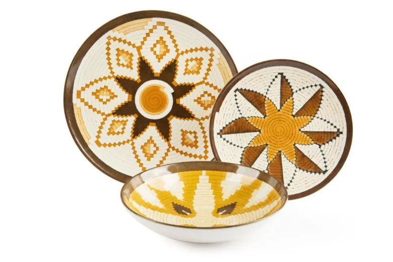 Servizio piatti, decorazioni ocra/marrone, ceramica 12 pezzi