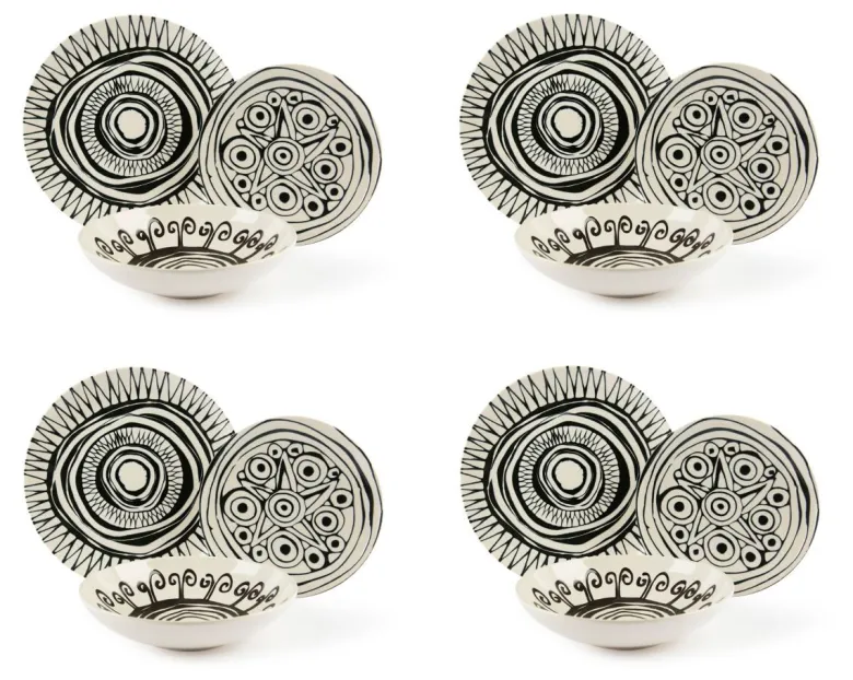 Servizio piatti, decorazioni tribali, ceramica 12 pezzi