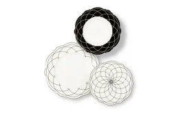 Servizio piatti, geometrie filo oro, porcellana, 18 pezzi