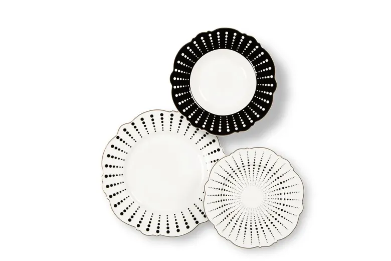 Servizio piatti, geometrie filo oro, porcellana, 18 pezzi