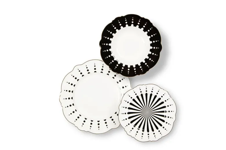 Servizio piatti, geometrie filo oro, porcellana, 18 pezzi