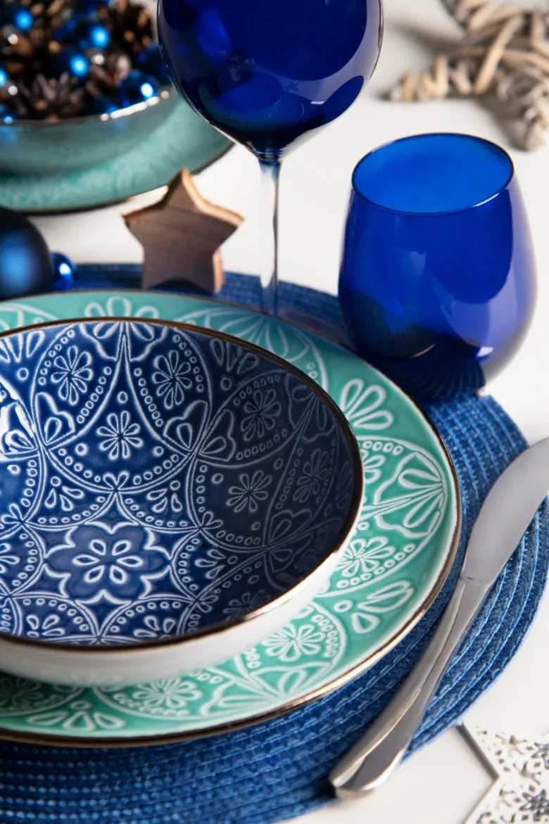 Servizio piatti, grigio/azzurro, stoneware, 18 pezzi
