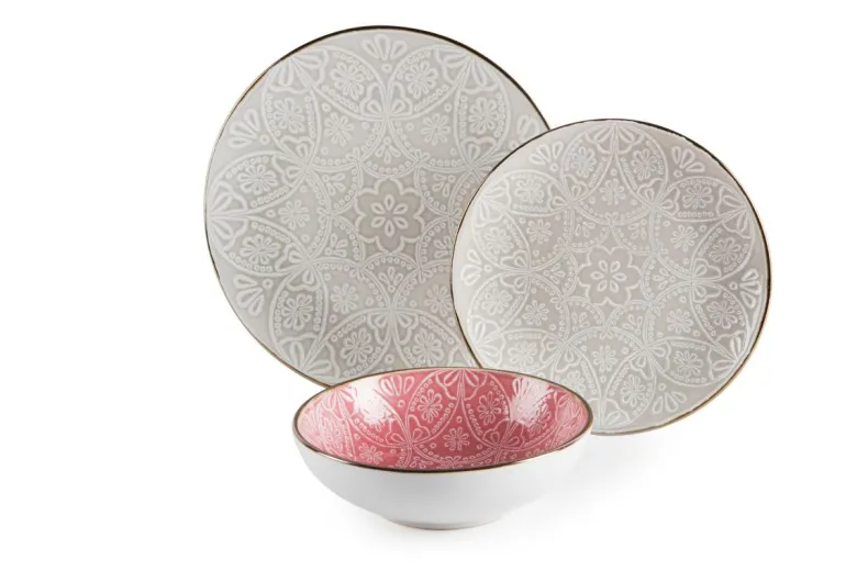 Servizio piatti, grigio/rosa, porcellana, 18 pezzi