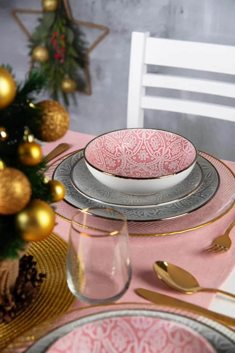 Servizio piatti, grigio/rosa, porcellana, 18 pezzi