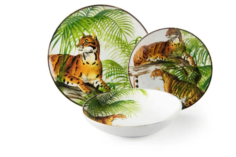 Servizio piatti, leopardi, porcellana/stoneware, 18 pezzi