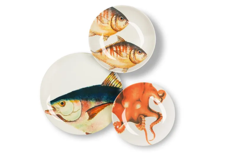Servizio piatti, pesci/mare, ceramica, 18 pezzi