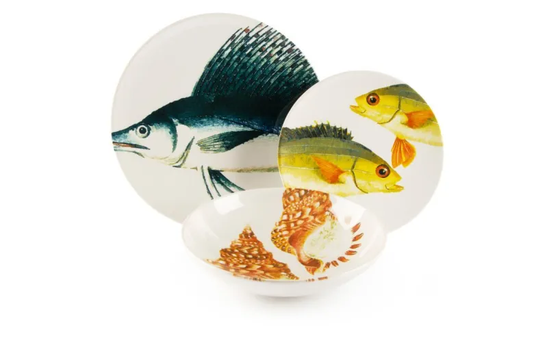 Servizio piatti, pesci/mare, ceramica, 18 pezzi