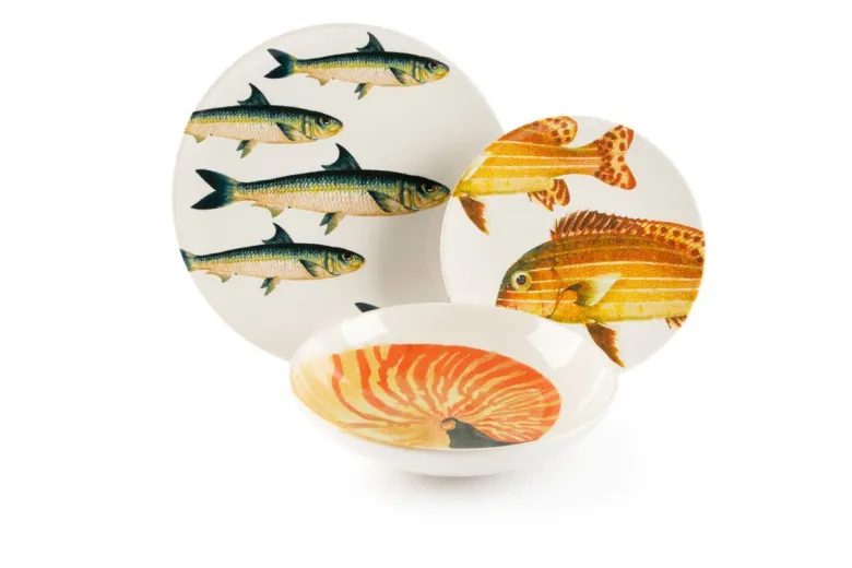 Servizio piatti, pesci/mare, ceramica, 18 pezzi