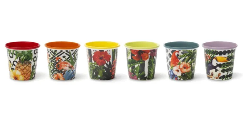 Set 6 bicchierini, fantasia tropicale, porcellana, 90 ml