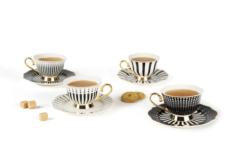 Set 4 tazze con piattino, bianco, porcellana, bordo oro