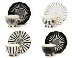 Set 4 tazze con piattino, bianco, porcellana, bordo oro