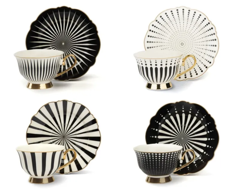 Set 4 tazze con piattino, bianco, porcellana, bordo oro