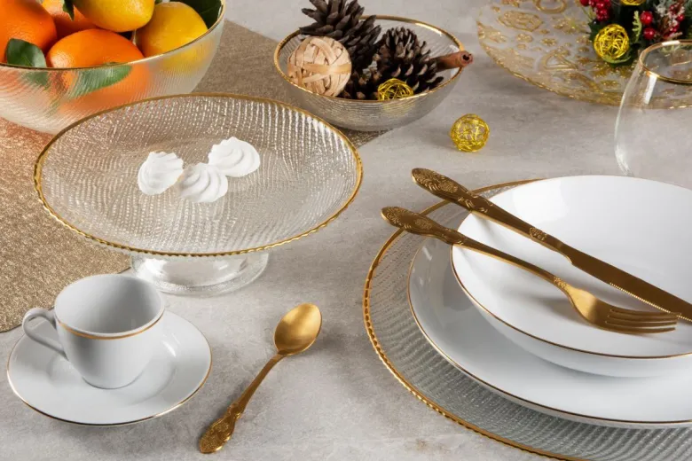 Set 6 tazzine con piattino, bianco, porcellana, bordo oro