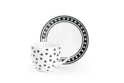 Set 6 tazzine con piattino, bianco/nero, porcellana, 90 ml