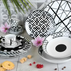 Set 6 tazzine con piattino, bianco/nero, porcellana, 90 ml