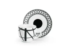 Set 6 tazzine con piattino, bianco/nero, porcellana, 90 ml