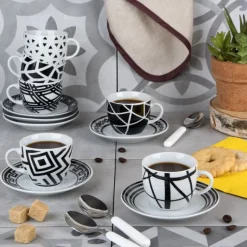 Set 6 tazzine con piattino, bianco/nero, porcellana, 90 ml
