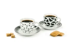 Set 6 tazzine con piattino, bianco/nero, porcellana, 90 ml