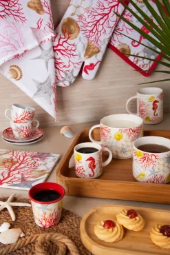 Set 6 tazzine con piattino, con coralli, porcellana, 90 ml