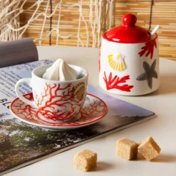 Set 6 tazzine con piattino, con coralli, porcellana, 90 ml