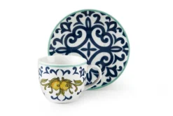 Set 6 tazzine con piattino, con limoni, porcellana, 90 ml