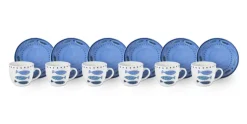 Set 6 tazzine con piattino, con pesci, porcellana, 90 ml