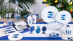 Set 6 tazzine con piattino, con pesci, porcellana, 90 ml