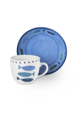Set 6 tazzine con piattino, con pesci, porcellana, 90 ml