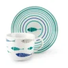 Set 6 tazzine con piattino, con pesci, porcellana, 90 ml