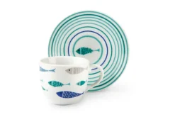 Set 6 tazzine con piattino, con pesci, porcellana, 90 ml